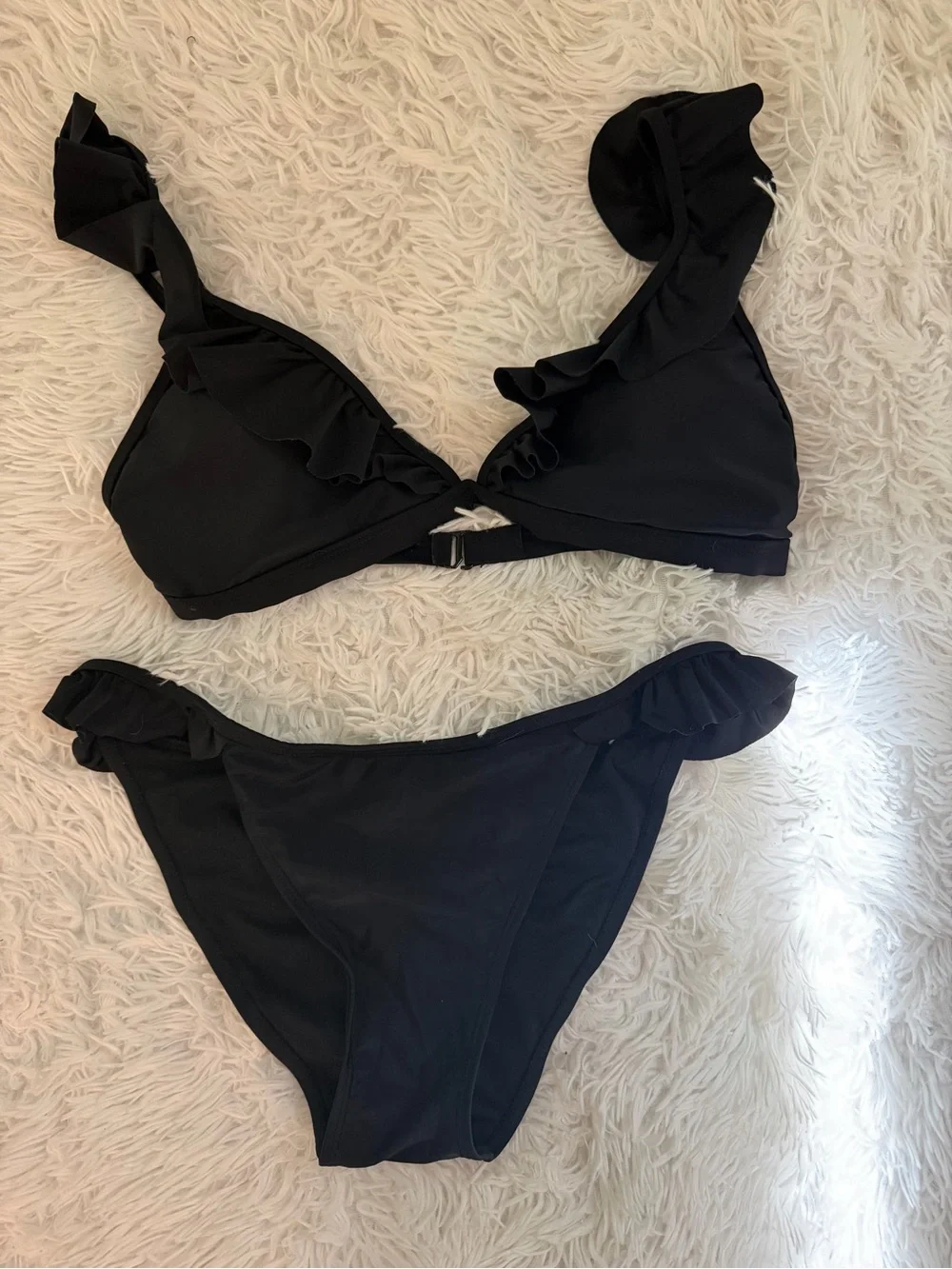 Shekini Black Ruffle Bikini Set Size L Adjustable Swimwear